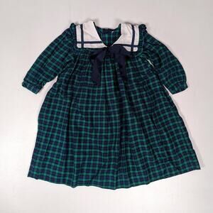 Vtg SLML Dress Girls Sz 4 Green Plaid Sailor Holiday Party